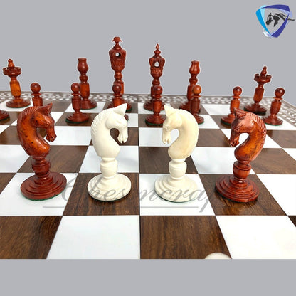 Combo Luxury Camel Bone Chess pieces Set ANTIQUE- White & 18" INLAY Art work Wooden folding chess board set.