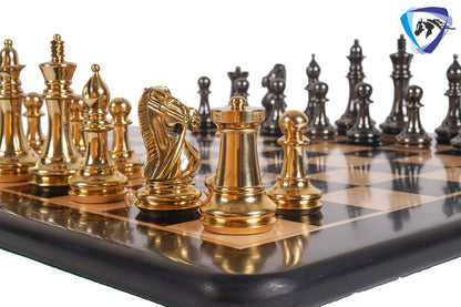 4" Brass Staunton chess pieces set BRIDLED Knight Gold & Black + 19" Ebonywood chess Board(sq:51mm)
