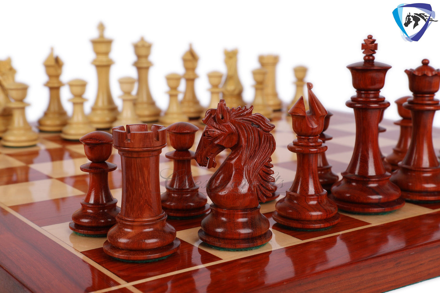 4.5" Luxury Staunton Bud Rosewood Chess pieces Set - STALLION SERIES + 23" Bud rosewood chess board (SQ: 60mm) + Leatherette Storage box