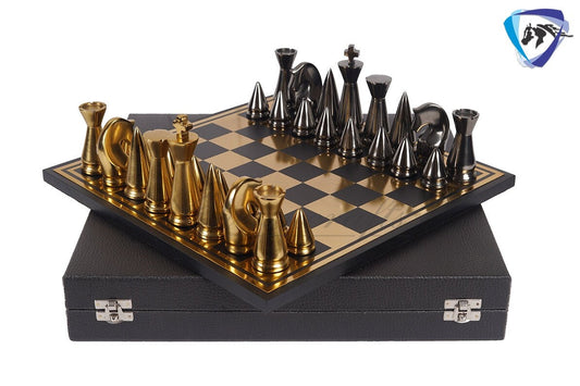 14" ART DECO Metal Chess Board Set designer King 4" Chess pieces with Chess board Modern Home Decor, Chess Gift-Leather Box