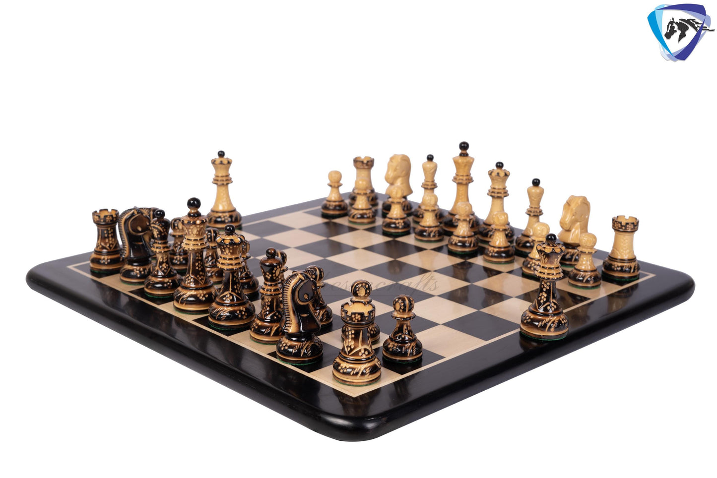 1950 Fischer Dubrovnik Burnt & Carved boxwood chess pieces set King-3.8" + 21" Ebonywood chess board(SQ:55MM) + Leather Storage box-Luxury