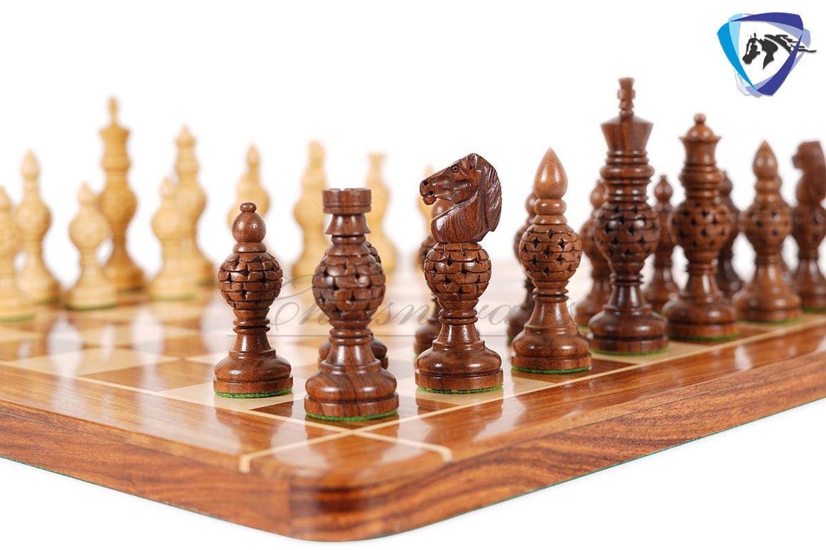 5" wooden Chess pieces Set INDIAN ARTISTIC Golden rosewood- MESH ball designing.