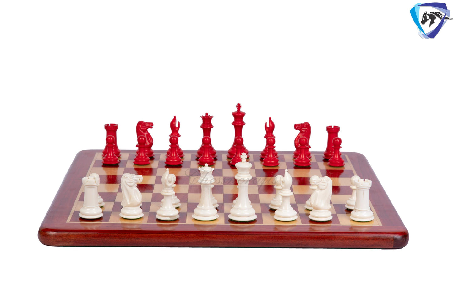 3.75" Camel Bone Staunton chess Pieces set- 1849 reproduced Cooke in Red & white color + 21" Bud rosewood chess board + Leather Storage Box