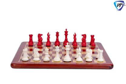 3.75" Camel Bone Staunton chess Pieces set- 1849 reproduced Cooke in Red & white color + 21" Bud rosewood chess board + Leather Storage Box