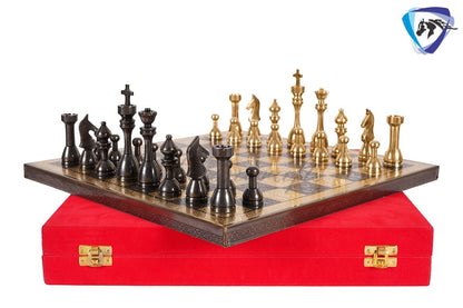 14" Solid Brass Metal Chess set- Apple bottom chess men Carved with velvet storage box - Vintage antique set- Brass Chess board set.