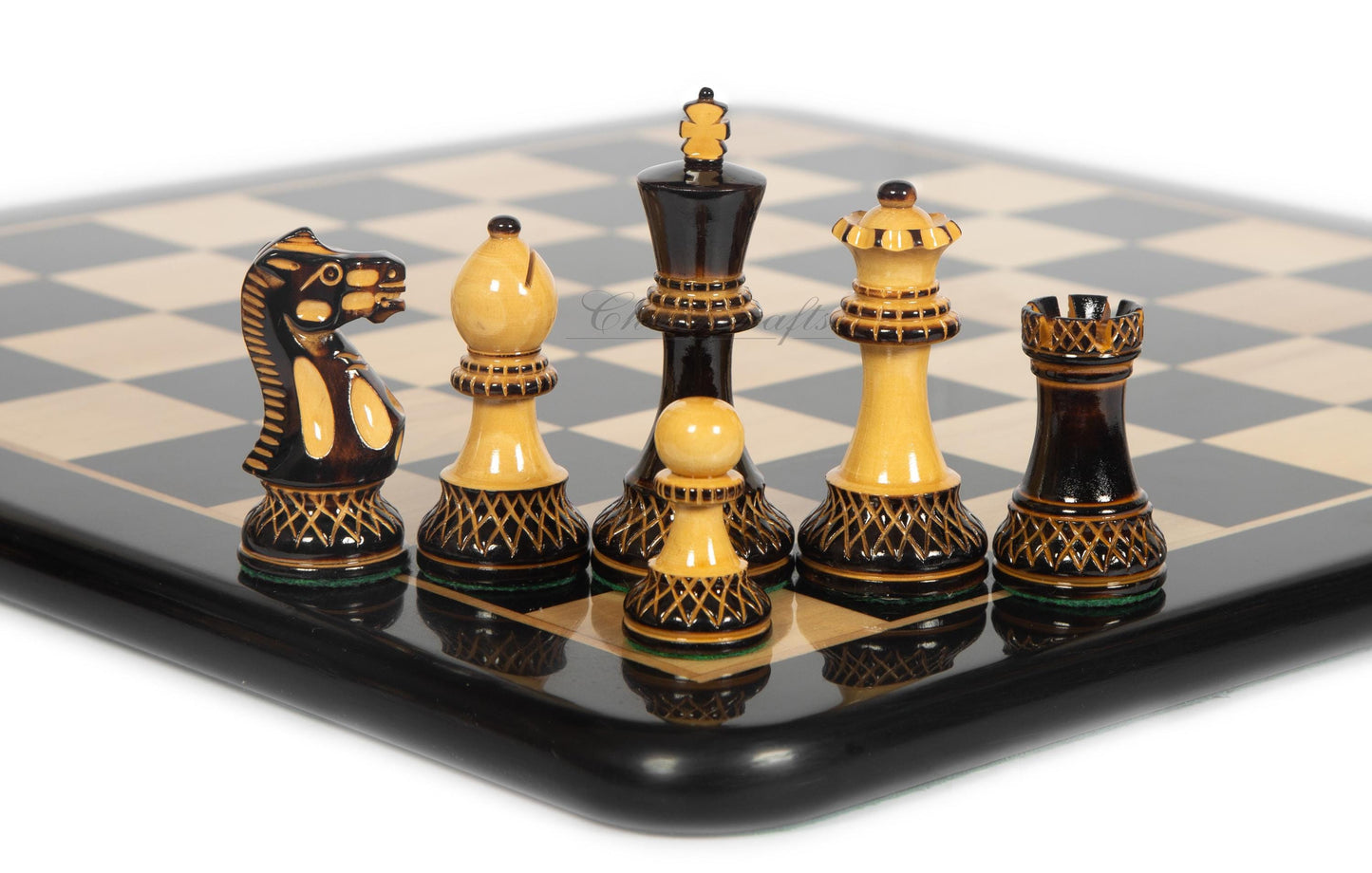 4" Staunton Chess Pieces set Burnt PARKER with Hand Carving broad base, Weighted + 19" Ebonywood chess board(sq 51mm) + Leather Storage Box
