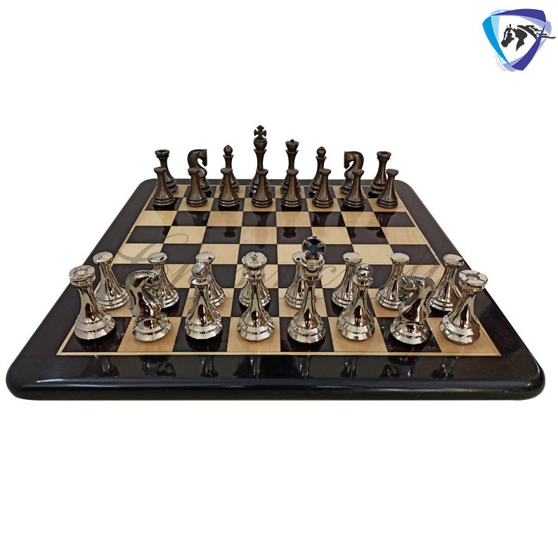 4.4" Brass Metal Russian Zagreb chess pieces set Reproduction Antique & Silver polish / 21" Ebonywood Chess Board Combo- Chess Gift.