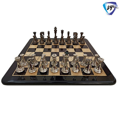 4.4" Brass Metal Russian Zagreb chess pieces set Reproduction Antique & Silver polish / 21" Ebonywood Chess Board Combo- Chess Gift.