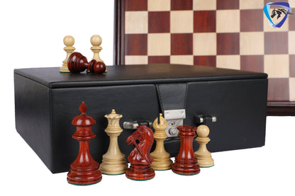 Wooden Staunton Chess Set-King: 4.5" Bud Rose wood -BRIDLED  + 21" Bud Rose wood Chess board STEP BORDER with Storage Box.