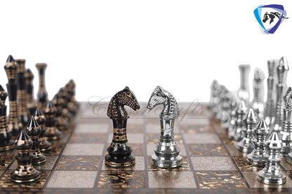 14" Solid Brass Metal Classic CONTEMPORARY Hand carved Chess set- Slim chess men Carving with velvet storage box - Brass chess board set