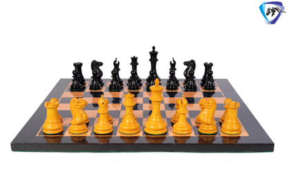 1849 Staunton Chess Pieces Set in Antiqued Boxwood & Ebony wood- 4.5" King + 21" Ebony look chess board(sq 55mm) + Leather Storage box
