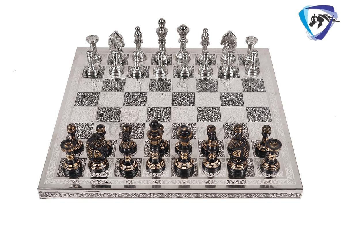 12" Brass Chess Board  set- & Staunton Hand carved chess men with hand carved chess board in velvet storage box