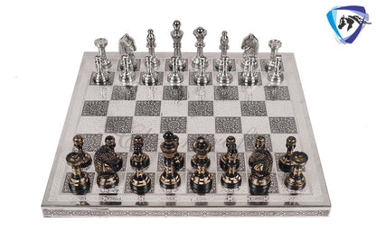 12" Brass Chess Board  set- & Staunton Hand carved chess men with hand carved chess board in velvet storage box