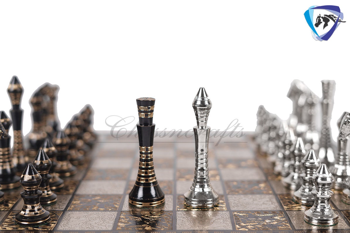 14" Solid Brass Metal Classic CONTEMPORARY Hand carved Chess set- Slim chess men Carving with velvet storage box - Brass chess board set