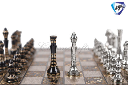 14" Solid Brass Metal Classic CONTEMPORARY Hand carved Chess set- Slim chess men Carving with velvet storage box - Brass chess board set