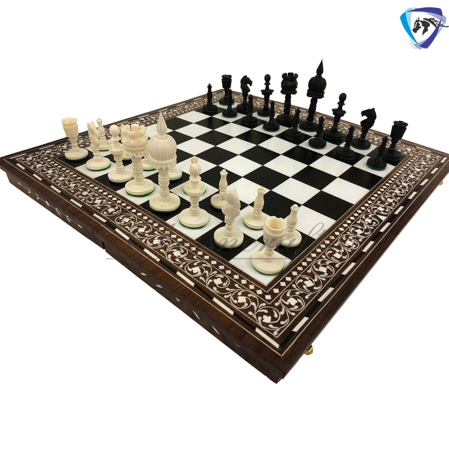 3.5" Camel bone chess set Dome hand carved chess pieces with Inlaid art work designer foldable Chess Board Set 14 Inches