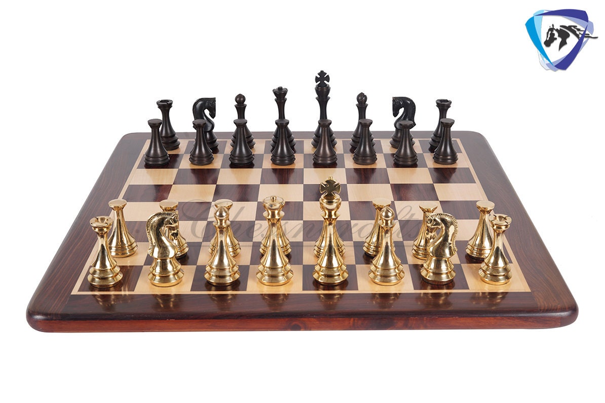 4.4" Brass Russian Zagreb (Leningrad) chess pieces set Antique & GOLD polish / 19" Rosewood(Dark Grain) Chess board Combo- Gift For Him