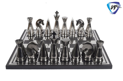 Luxury metal chess Board set Black-silver polish- chess Gift-Chess set for Home Decor - 14" Chess board set with Leatherette storage box