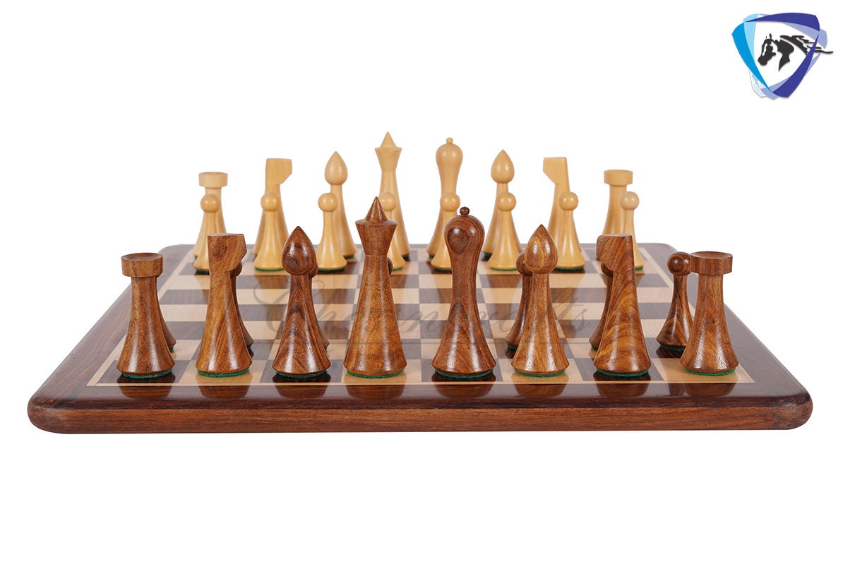 COMBO of Herman Ohme chess set w/ 16" Rosewood chess board - Minimalist Mid Century Chess coins King 3.75" Weighted Extra Queens.