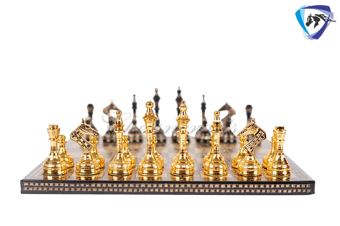 14" Solid Brass Metal Chess set- Russian Soviet Chess with Carving & Velvet storage box - Vintage Collector antique set