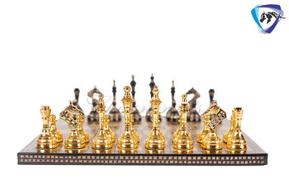 14" Solid Brass Metal Chess set- Russian Soviet Chess with Carving & Velvet storage box - Vintage Collector antique set