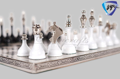 14" Brass Chess Board set- Modern Classic Hand carved- Soviet BLACK & WHITE EDITION chess pieces in velvet storage box - Chess Gift for Him