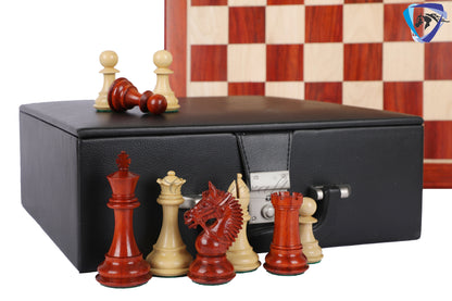 4.2" Red Rose wood Staunton Chess Set- EXCALIBUR- Weighted + 21" Bud Rosewood Chess Board + Leather Storage Box for chess men