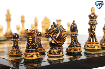 4.1" Staunton Chess pieces Set in Burnt Boxwood with carving-EXCALIBUR  + 23" Ebony wood Chess Board(60MMSQ) + Leather Storage Box COMBO