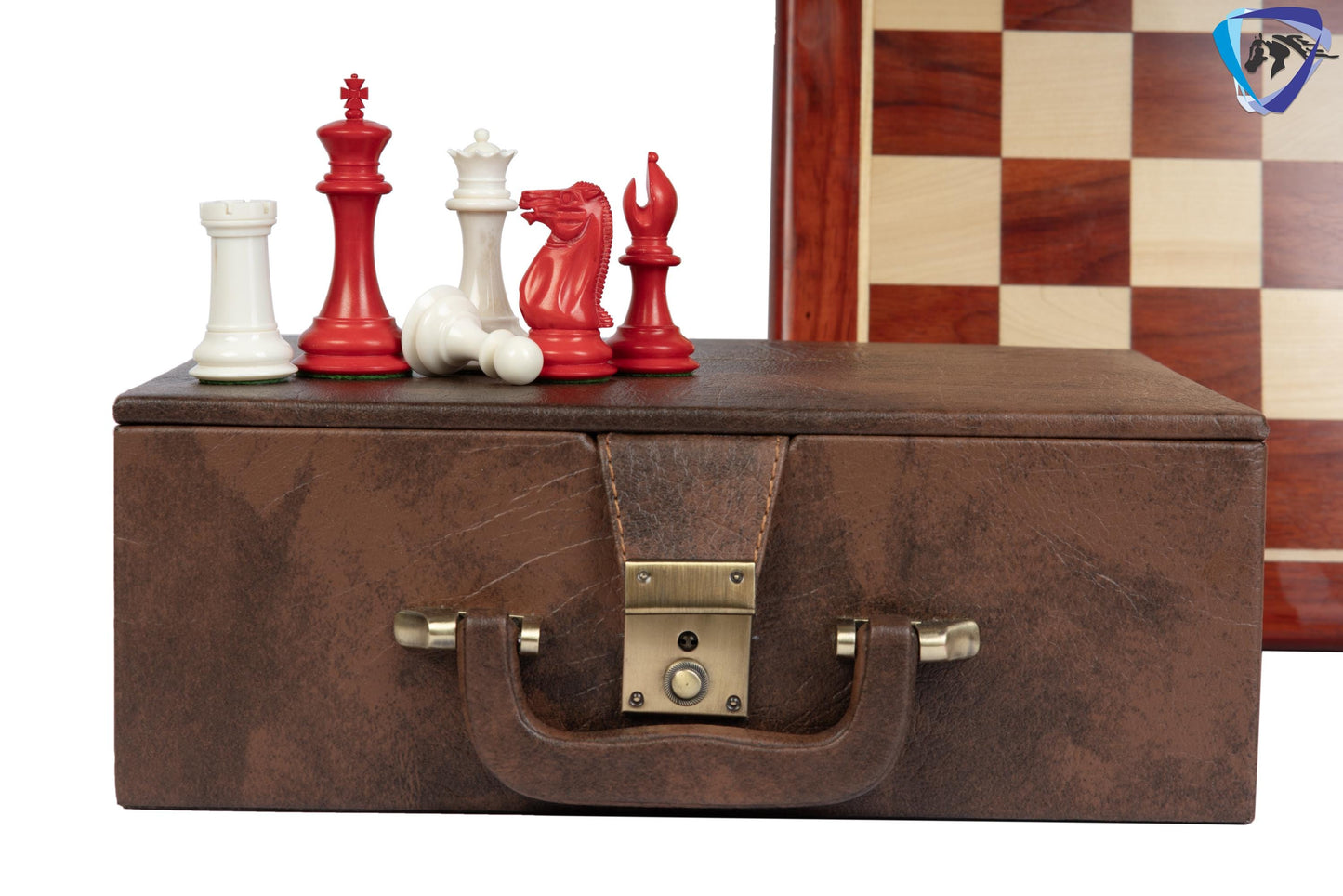 3.75" Camel Bone Staunton chess Pieces set- 1849 reproduced Cooke in Red & white color + 21" Bud rosewood chess board + Leather Storage Box