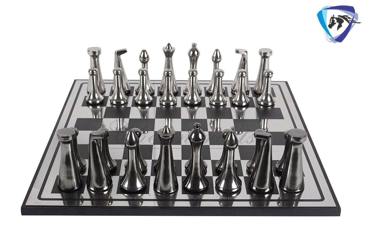 16" Metal chess Board set Reproduced Hermann Ohme Metal chess Set Unique modern design Black-silver Glossy Polish MODERN HOME DECOR Chess
