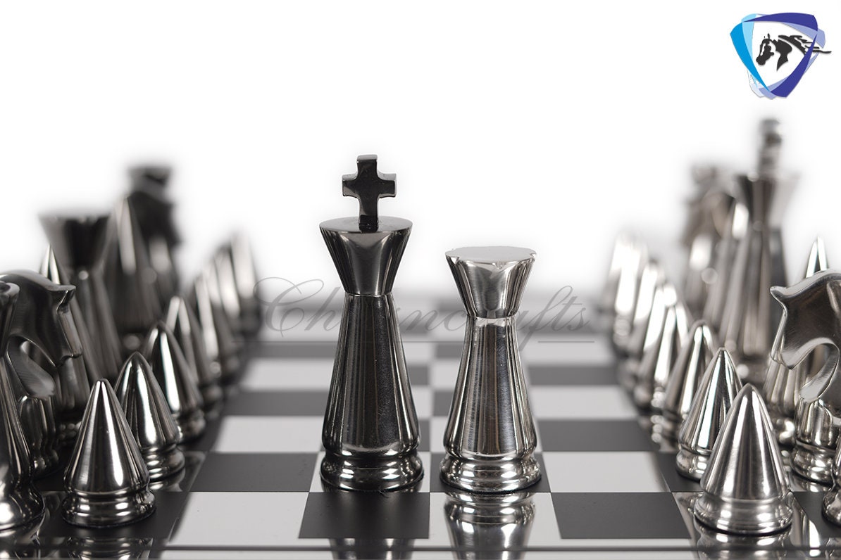 Luxury metal chess Board set Black-silver polish- chess Gift-Chess set for Home Decor - 14" Chess board set with Leatherette storage box