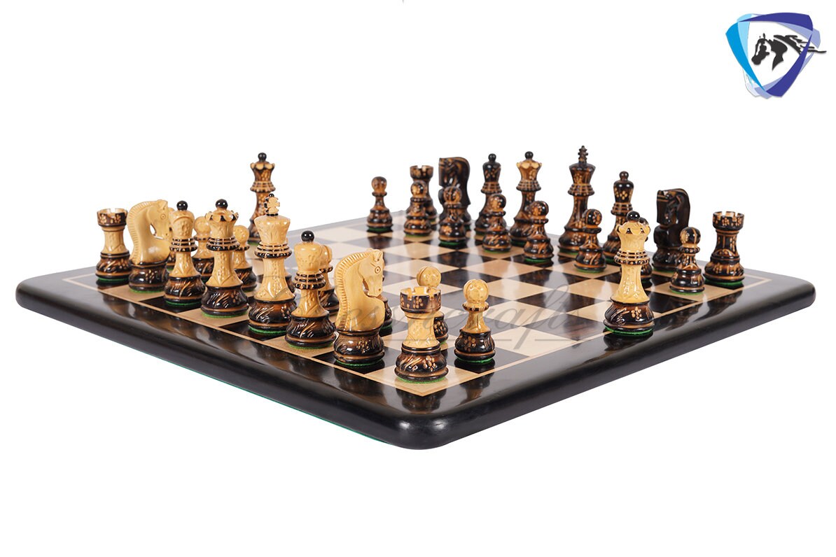 4" Russian Zagreb Chess Pieces set Burnt with Hand Carving broad base, Weighted - 2 extra Queens+19"Ebonywood chess board + Storage Box.