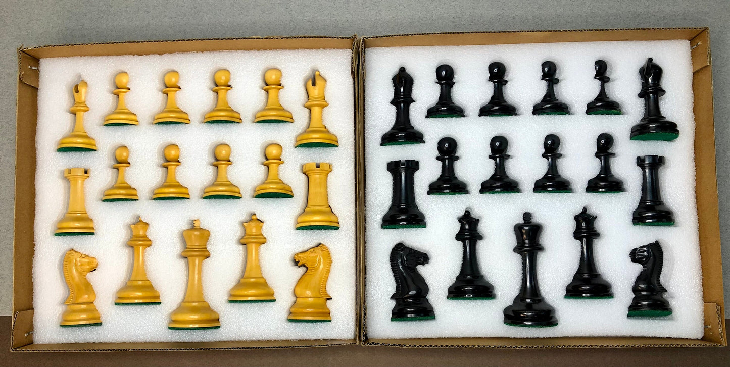 1854 Reproduction Walter Grimshaw Circa 3.5" Staunton Chess Pieces Set in Antiqued Boxwood & Ebony wood- Weighted Extra queens + Storage.