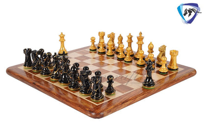 4" Wooden Staunton Chess set - STREET ART Painted chess pieces Black & Gold Weighted- extra queens + 19" Golden rosewood Chess Board COMBO