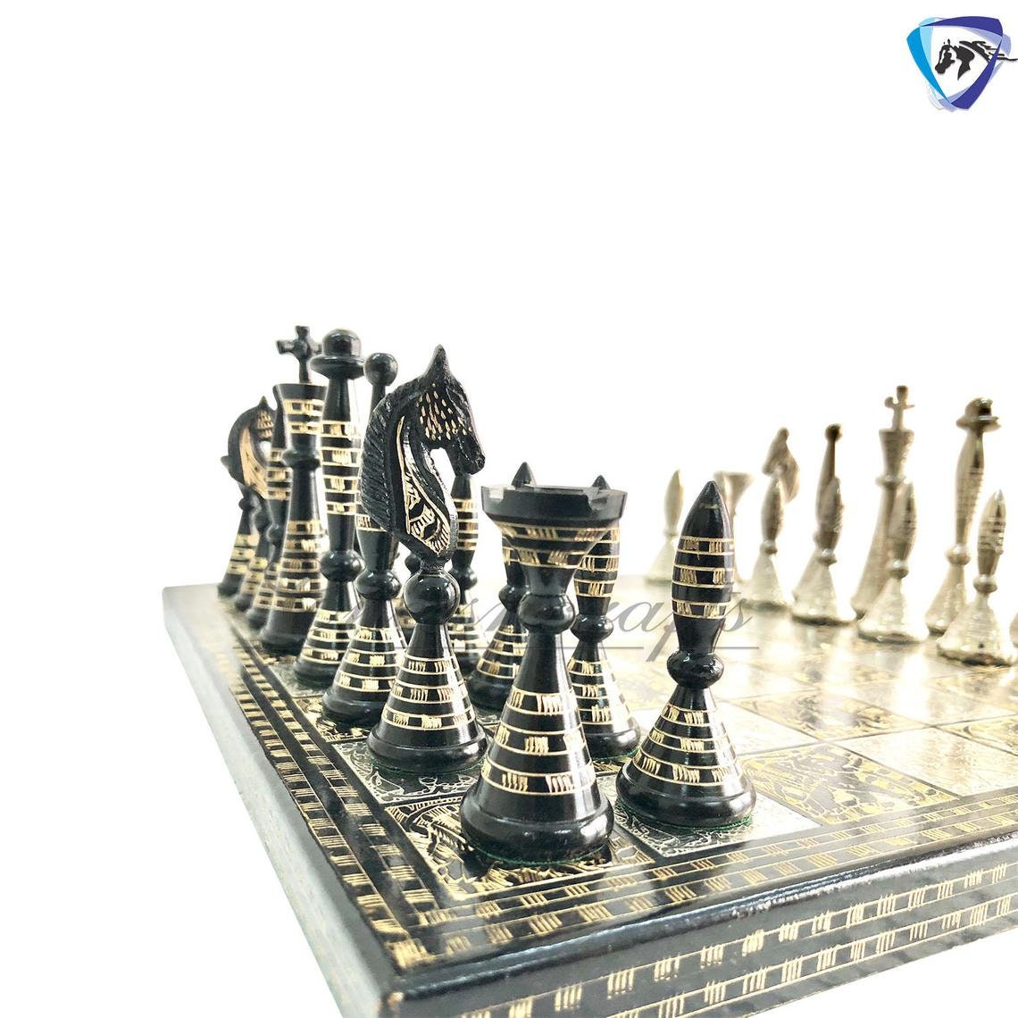 12" Solid Brass Metal Hand carved Chess set- Minar (Tower) chess men Carving with velvet storage box - Vintage Collector antique series