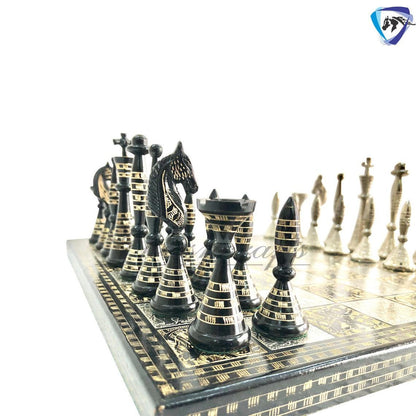 12" Solid Brass Metal Hand carved Chess set- Minar (Tower) chess men Carving with velvet storage box - Vintage Collector antique series