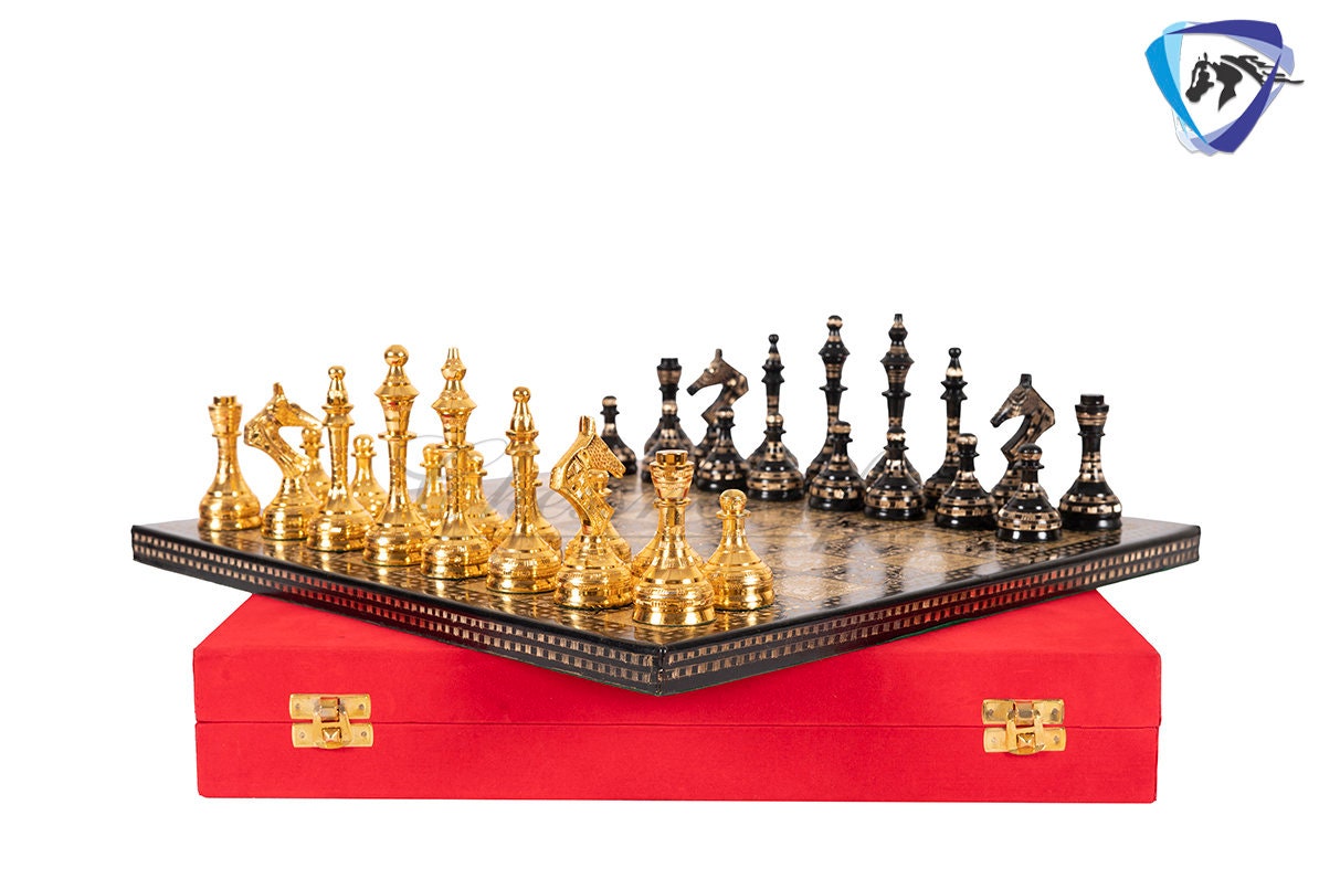 14" Solid Brass Metal Chess set- Russian Soviet Chess with Carving & Velvet storage box - Vintage Collector antique set