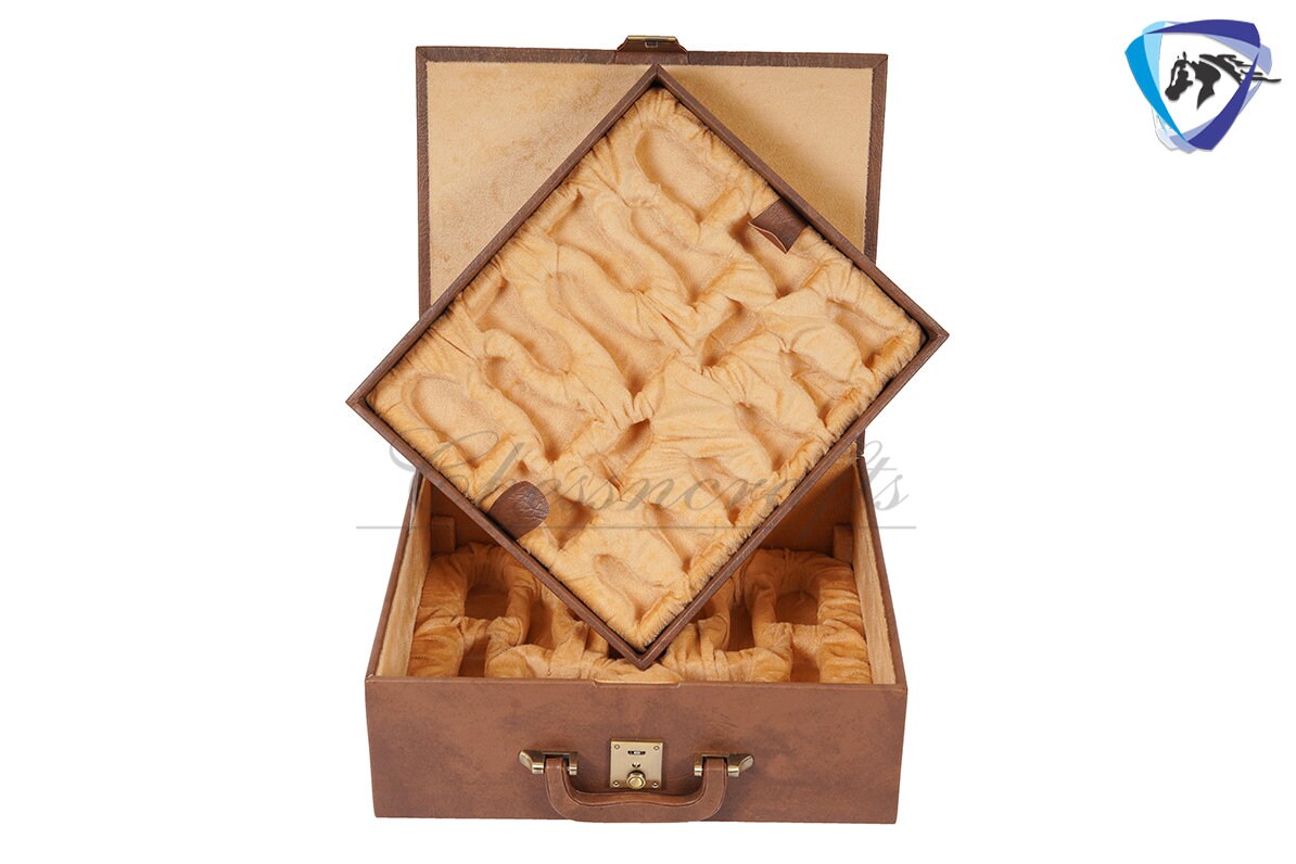 TAN BROWN Leatherette Coffer Storage box for Chess Pieces of king Height: 4.0" to 4.5"- 2 Trays, Velvet lining & Lock w/ handle.