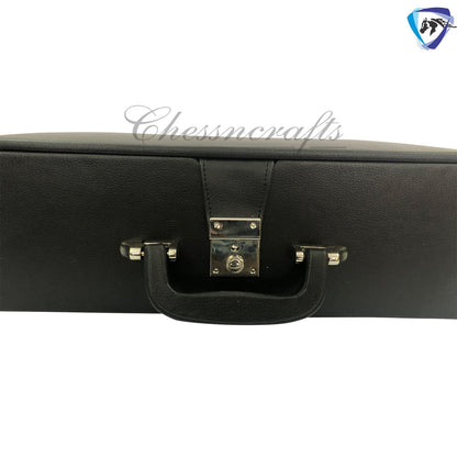 Leatherette Coffer Storage box for Chess Pieces of king Height: 4.0" to 4.5"- 2 Trays, Velvet lining & Lock w/ handle.