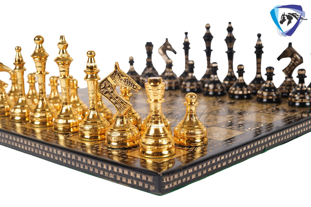 14" Brass Metal Chess Board set Modern Classic Handmade Soviet chess pieces with storage box - Vintage Chess for Gifting