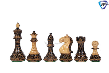 4" Fierce Knight Staunton Chess pieces Set in Burnt Boxwood with carving + 21" Ebony wood Chess Board + Leather Storage Box COMBO