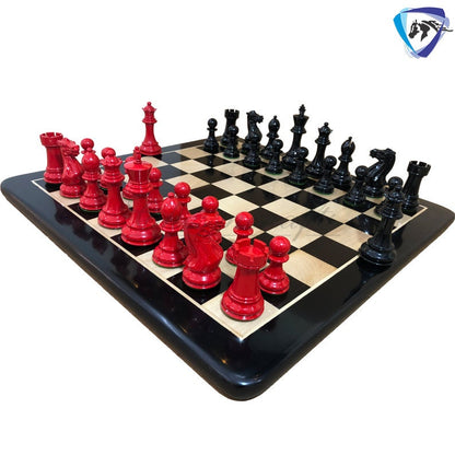 COMBO of 4" Club Staunton Chess Pieces Set Red Black Painted Boxwood Weighted 4Q + 21" Ebonywood Chess Board SQ: 55mm(2.2")