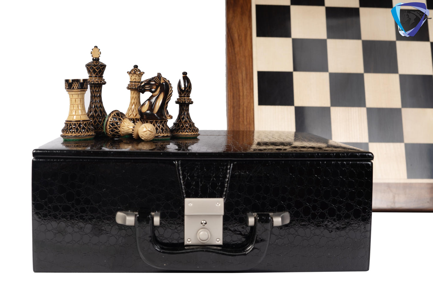 4" Fierce Knight Staunton Chess pieces Set in Burnt Boxwood with carving + 21" Ebony wood Chess Board + Leather Storage Box COMBO
