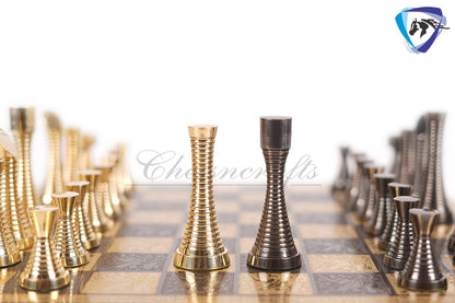 14" Solid Brass Metal Chess set- Slim Rings chess men Carved with velvet storage box - Vintage Collector antique set- Brass Chess board set.