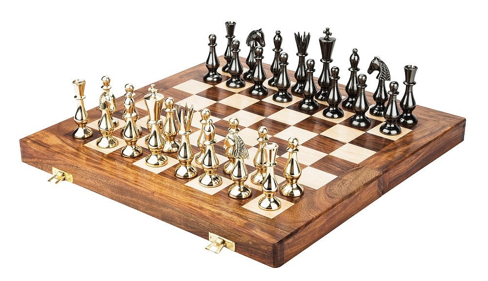 14" Brass Chess pieces set classical Sleek luxury Collector series King: 3.5" antique collector series with Rosewood Folding chess board.