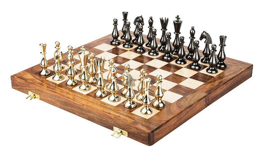 14" Brass Chess pieces set classical Sleek luxury Collector series King: 3.5" antique collector series with Rosewood Folding chess board.