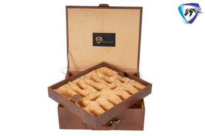 TAN BROWN Leatherette Coffer Storage box for Chess Pieces of king Height: 4.0" to 4.5"- 2 Trays, Velvet lining & Lock w/ handle.