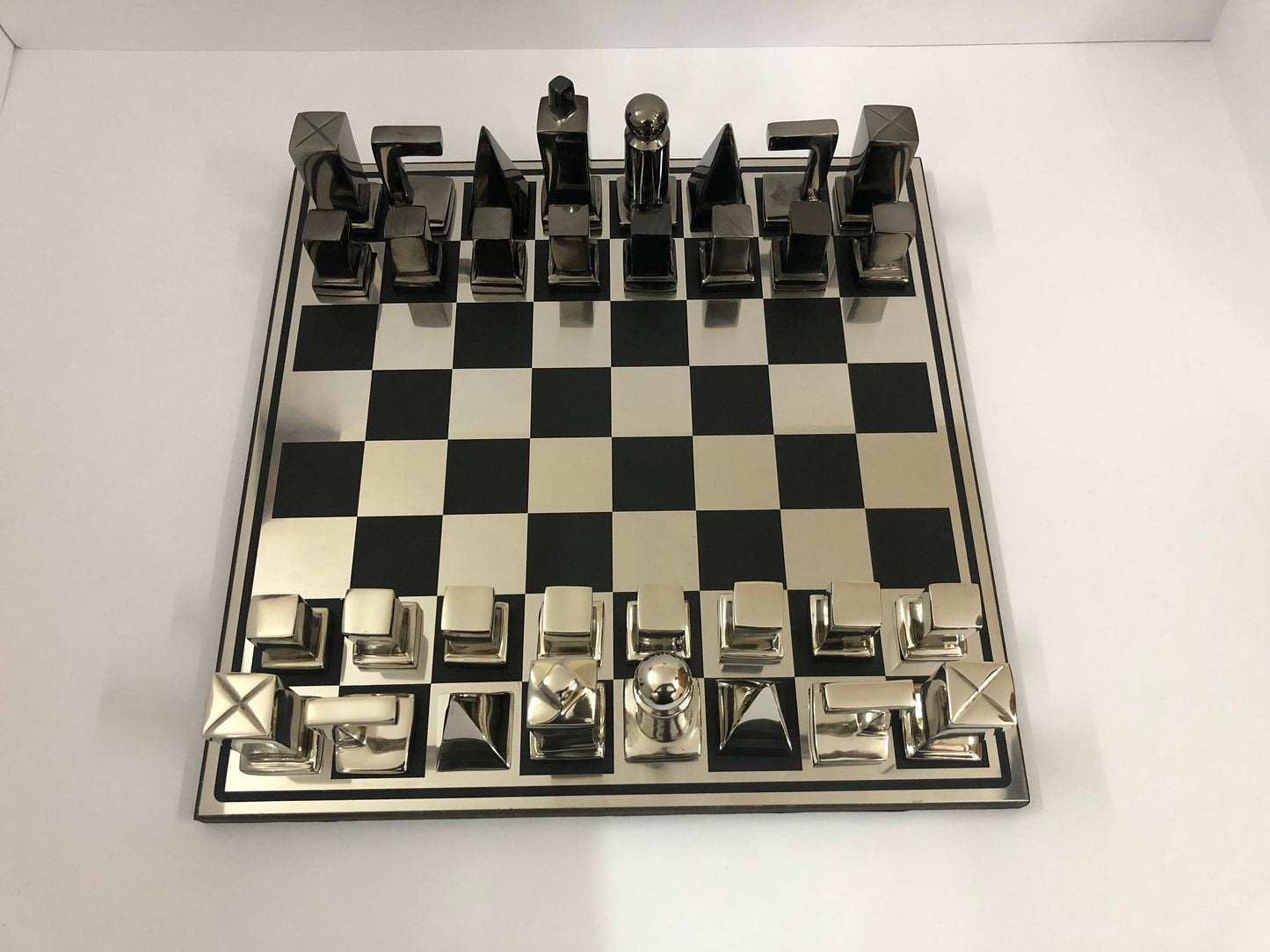 14" Metal chess Board Set- BAUHAUS INSPIRED Unique design-Black & Silver/Gold Metal Chess pieces-Chess gift- Luxury Metal chess Set