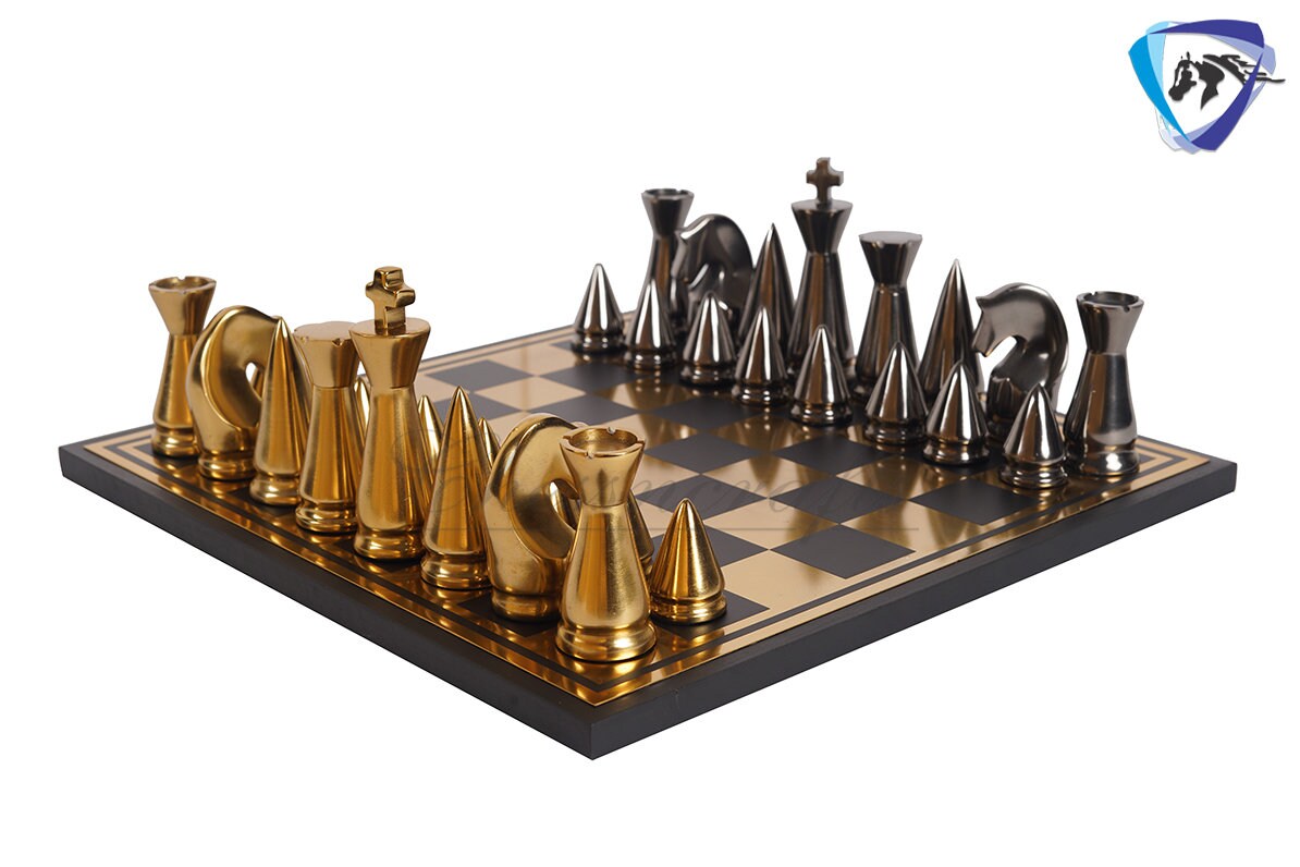 14" ART DECO Metal Chess Board Set designer King 4" Chess pieces with Chess board Modern Home Decor, Chess Gift-Leather Box