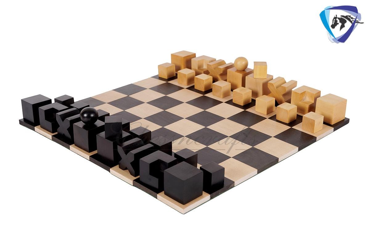 1923 Bauhaus Chess pieces set in Ebonized Boxwood King: 2" vintage chess pieces set + 12" Ebony wood Foldable Roll up chess board set Combo